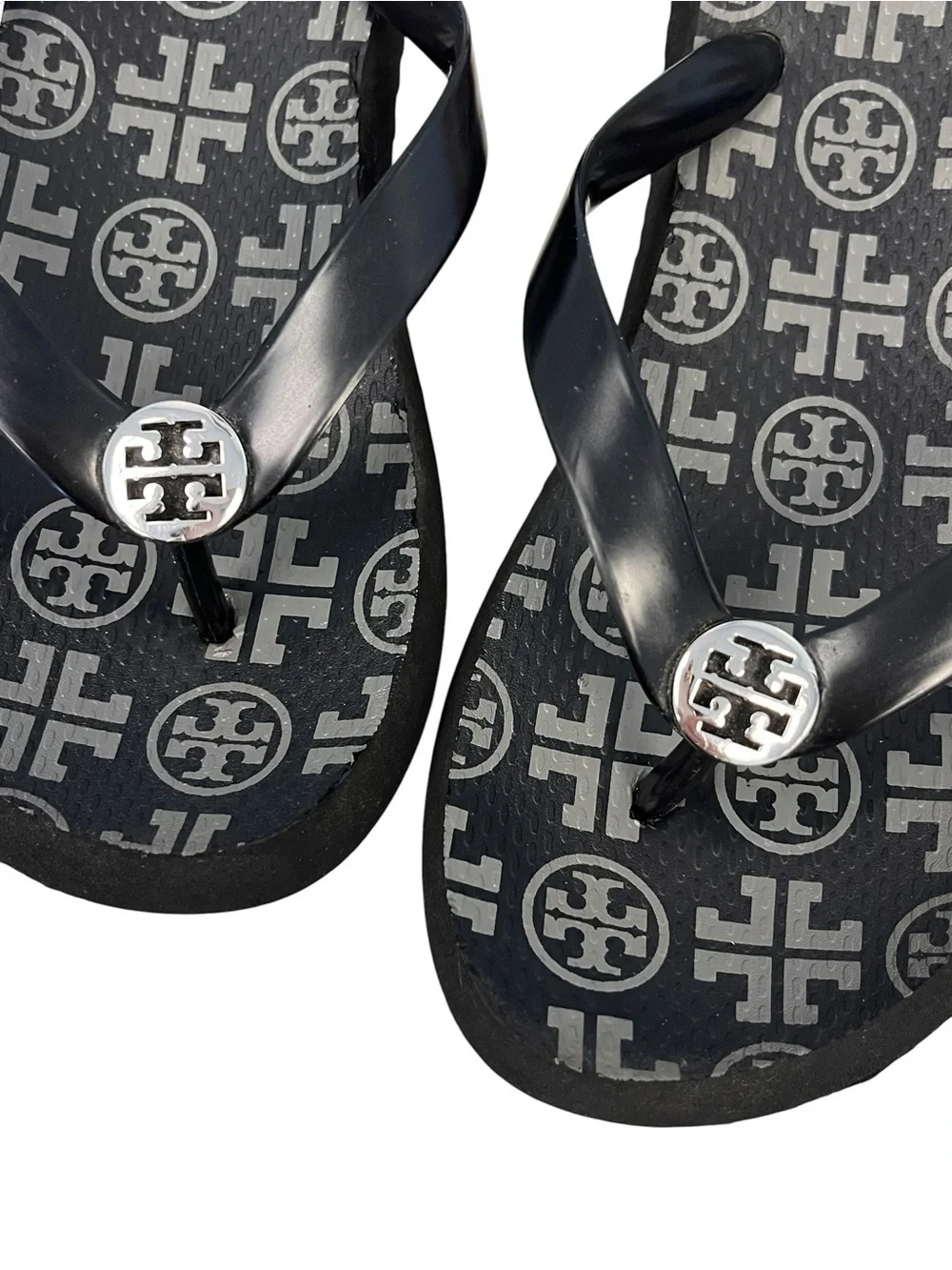 Tory Burch Black Gray Monogram Double T Medallion Thong Flip Flop